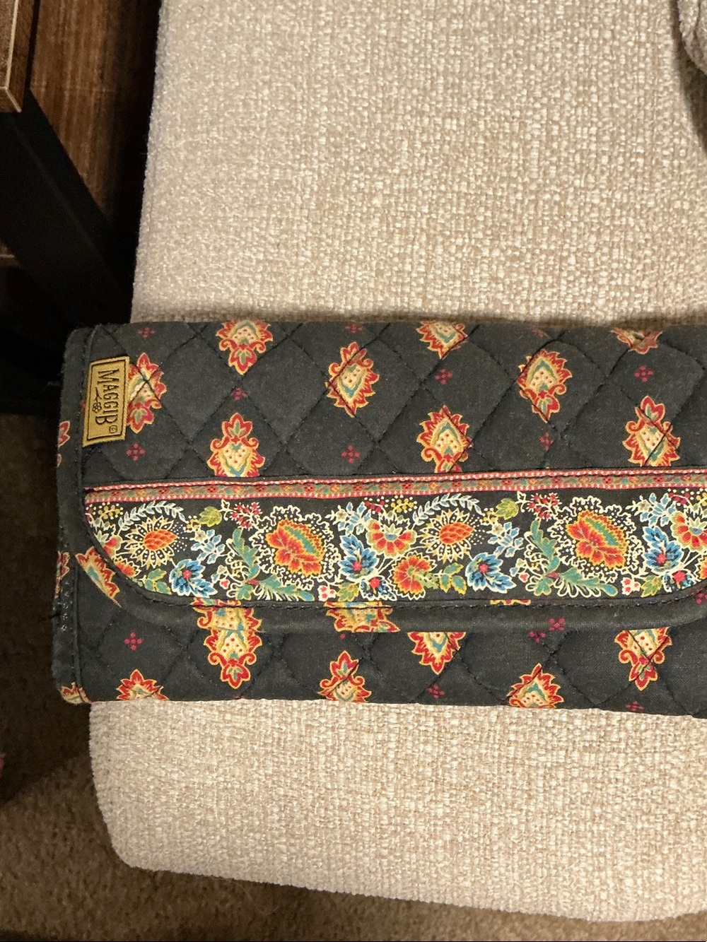 Vera Bradley Black Quilted Foldover Clutch with Floral Trim
